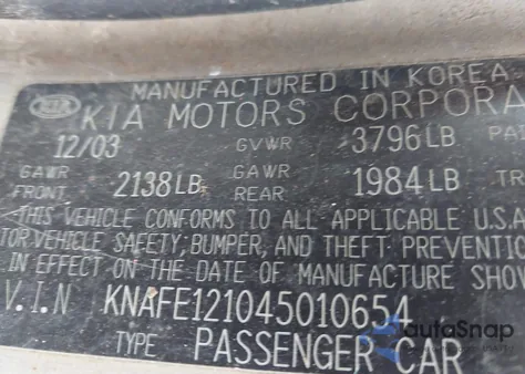 2004 Kia Spectra Ex/Lx z USA, uszkodzony, nr VIN KNAFE121045010654